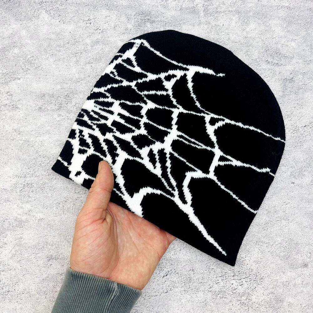 y2k 2000s black & white grunge gothic spiderweb beanie - Picture 2 of 6